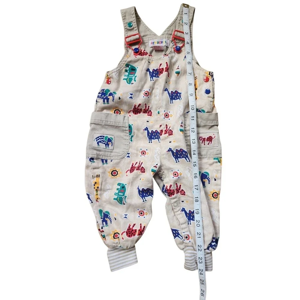 Gymboree Vintage 90s Overalls Size Infant Khaki Cotton Multicolor Animal Novelty